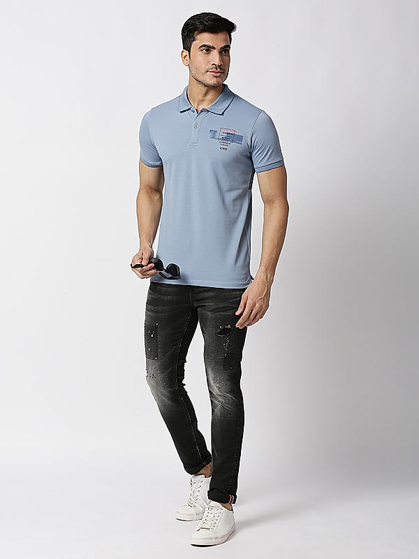 Killer Light Blue Polo Neck Printed T-Shirts