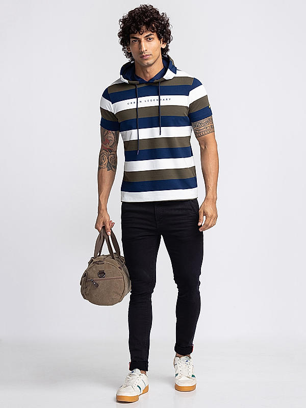 Killer Olive Hooded Neck Stripes T-Shirts