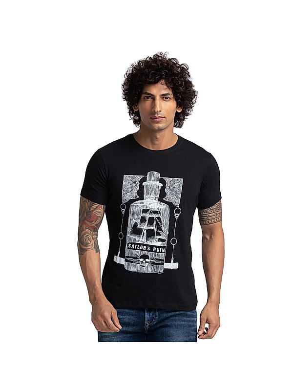 Killer Black Printed Slim Fit Round Neck  T-Shirts