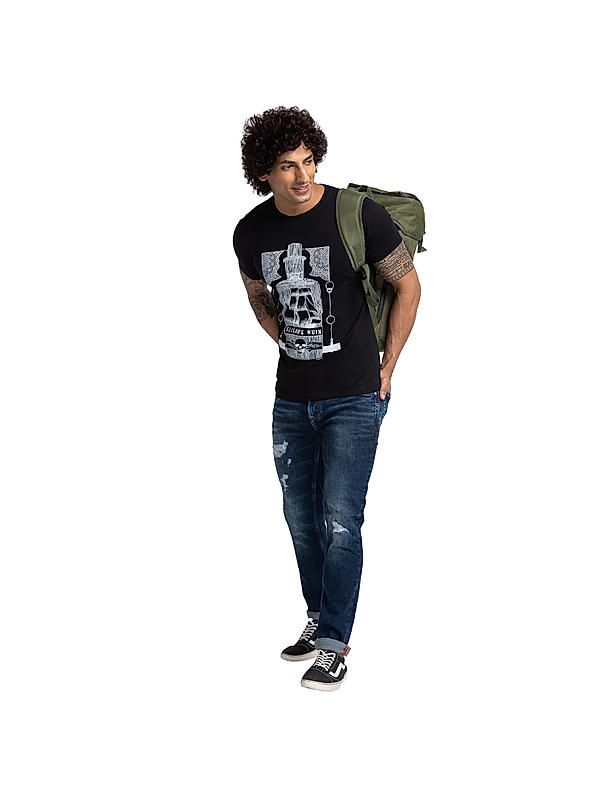 Killer Black Printed Slim Fit Round Neck  T-Shirts