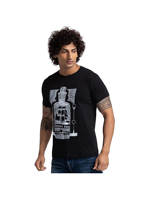 Killer Black Printed Slim Fit Round Neck  T-Shirts