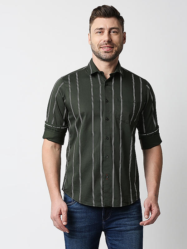 Killer Men's Olive Slender Fit Stripe Shirts