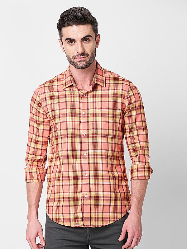 Killer Men Peach Slim Fit Checks Shirts