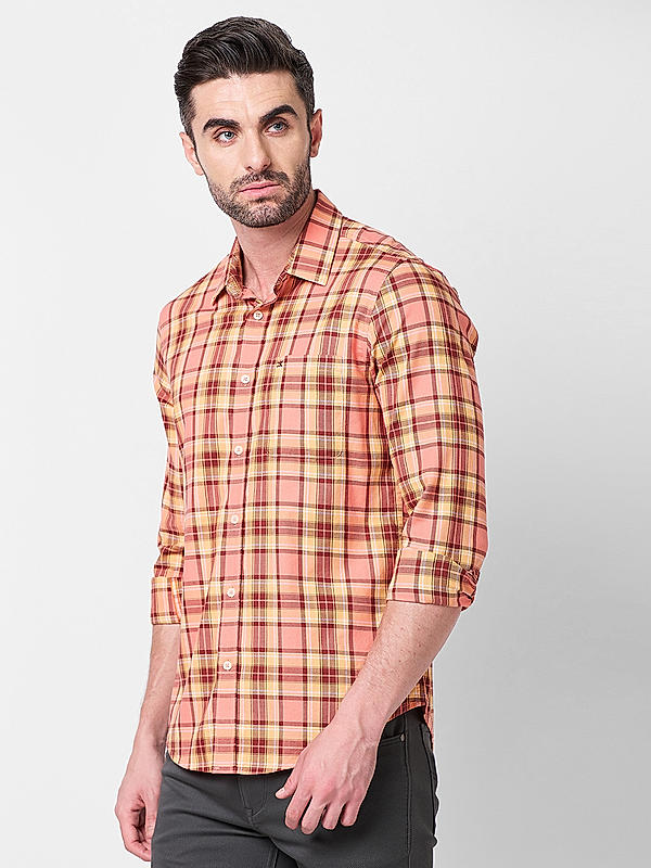 Killer Men Peach Slim Fit Checks Shirts