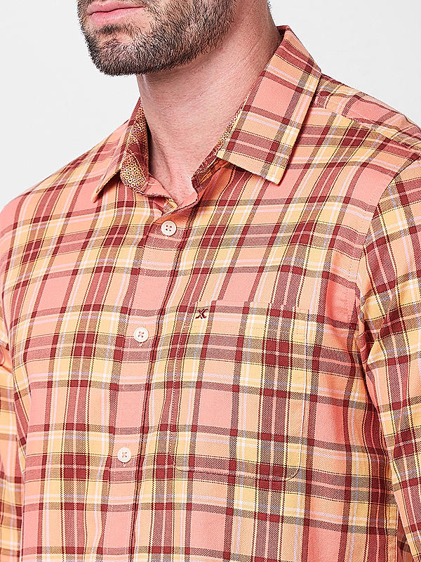 Killer Men Peach Slim Fit Checks Shirts