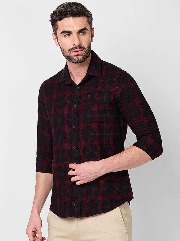 Killer Men Maroon Slim Fit Checks Shirts