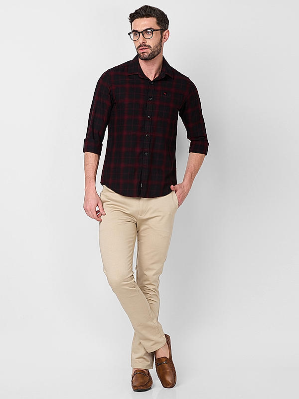 Killer Men Maroon Slim Fit Checks Shirts