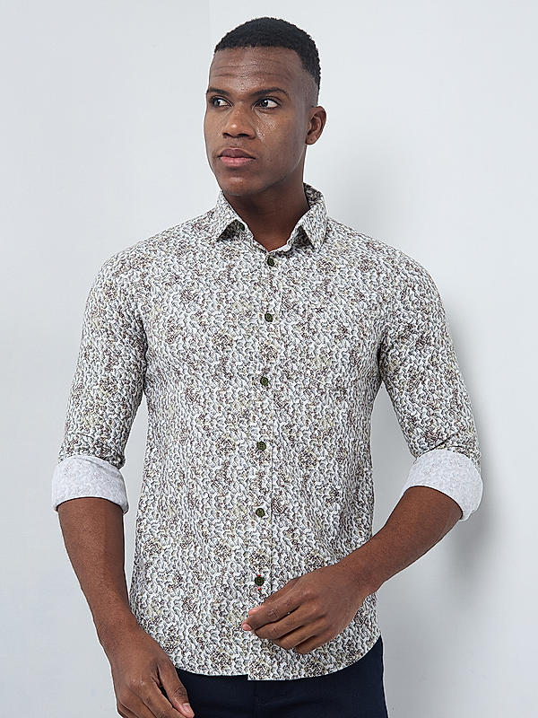 Killer Men Cream Slim Fit Printed Shirts