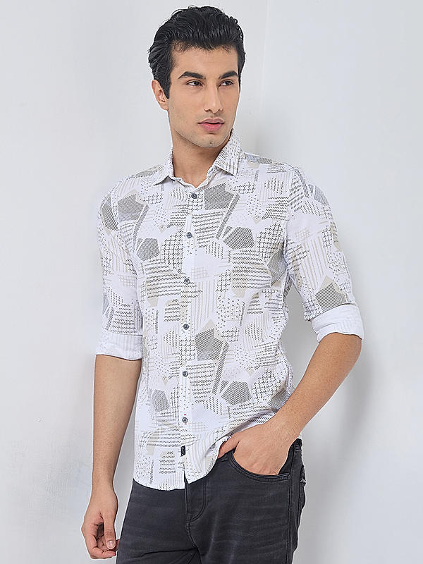 Killer Men Beige Slim Fit Printed Shirts