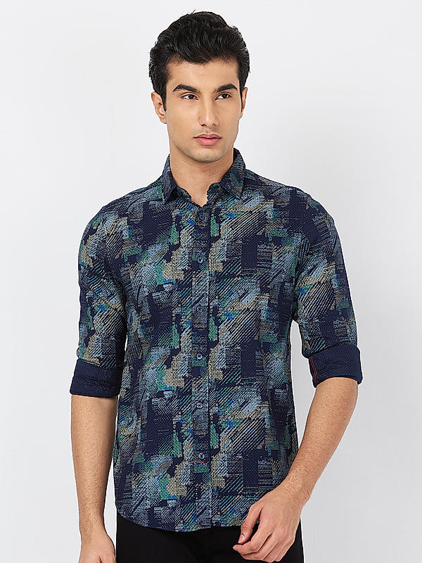 Killer Men Navy Blue Slim Fit Printed Shirts