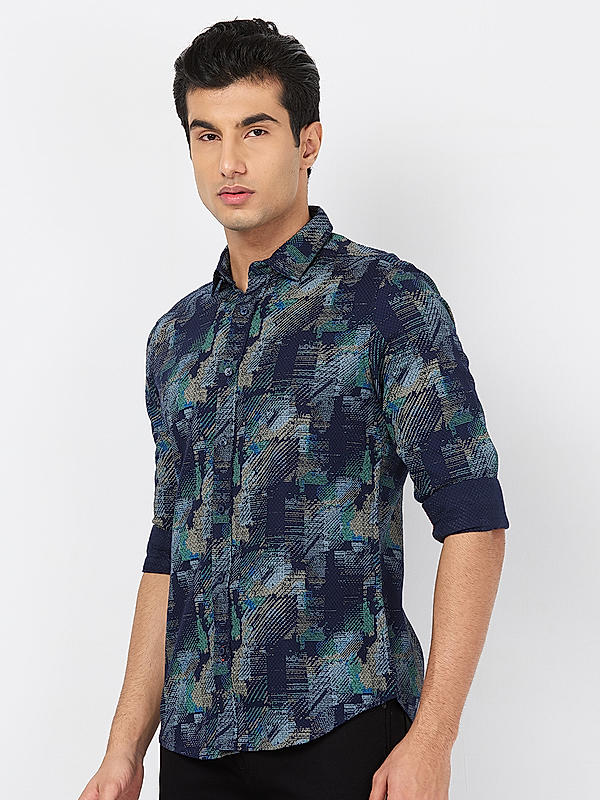 Killer Men Navy Blue Slim Fit Printed Shirts