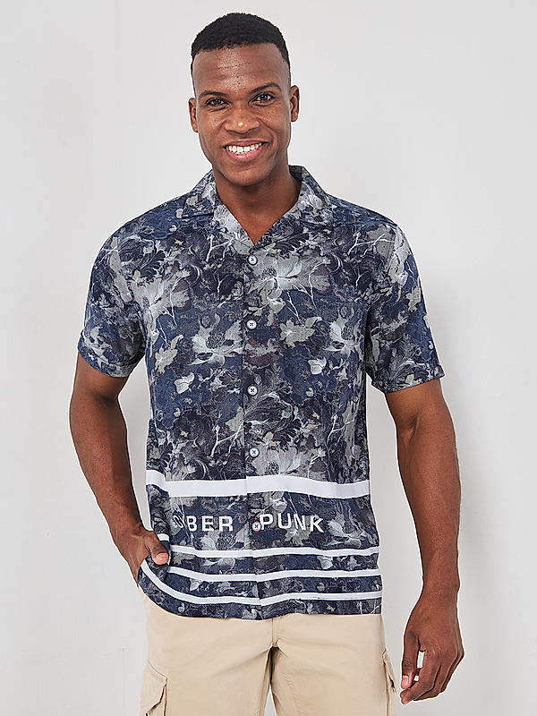 Killer Men Navy Blue Slim Fit Floral Print Shirts