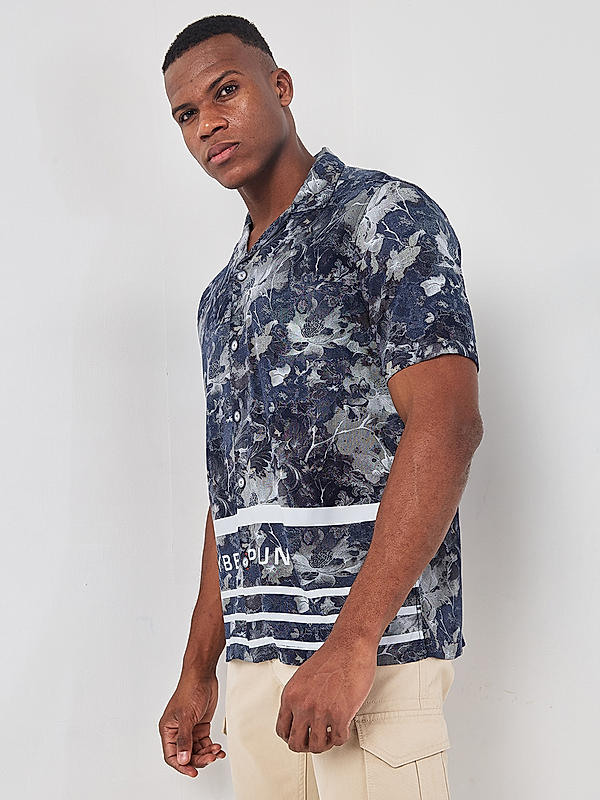 Killer Men Navy Blue Slim Fit Floral Print Shirts