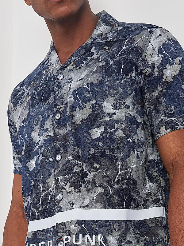 Killer Men Navy Blue Slim Fit Floral Print Shirts