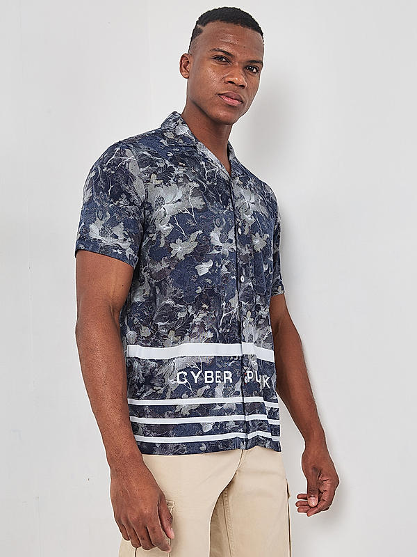 Killer Men Navy Blue Slim Fit Floral Print Shirts