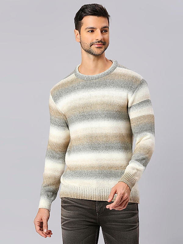 Killer Men Grey Slim Fit Stripes Sweaters