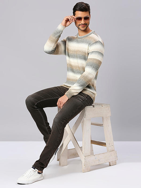 Killer Men Grey Slim Fit Stripes Sweaters