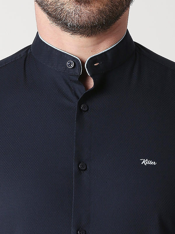 Killer Slim Fit Solid Navy Chinese Collar Shirts