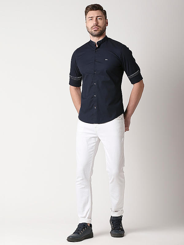 Killer Slim Fit Solid Navy Chinese Collar Shirts