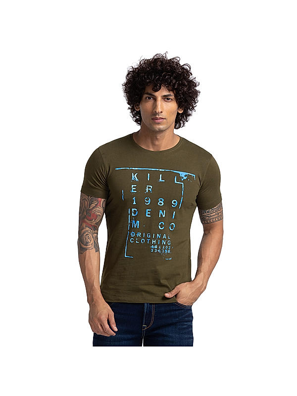 Killer Olive Printed Slim Fit Round Neck  T-Shirts
