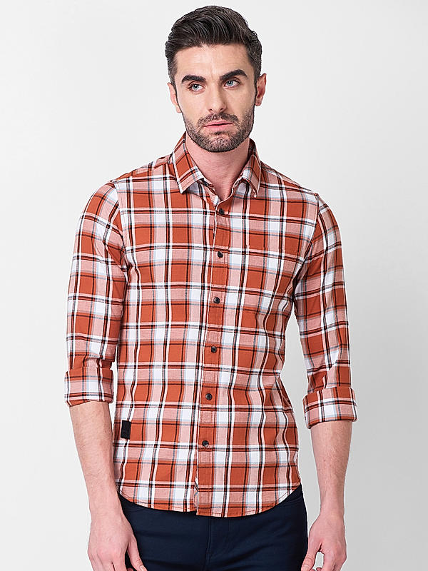 Killer Men Slim Fit Checks Brown Shirts