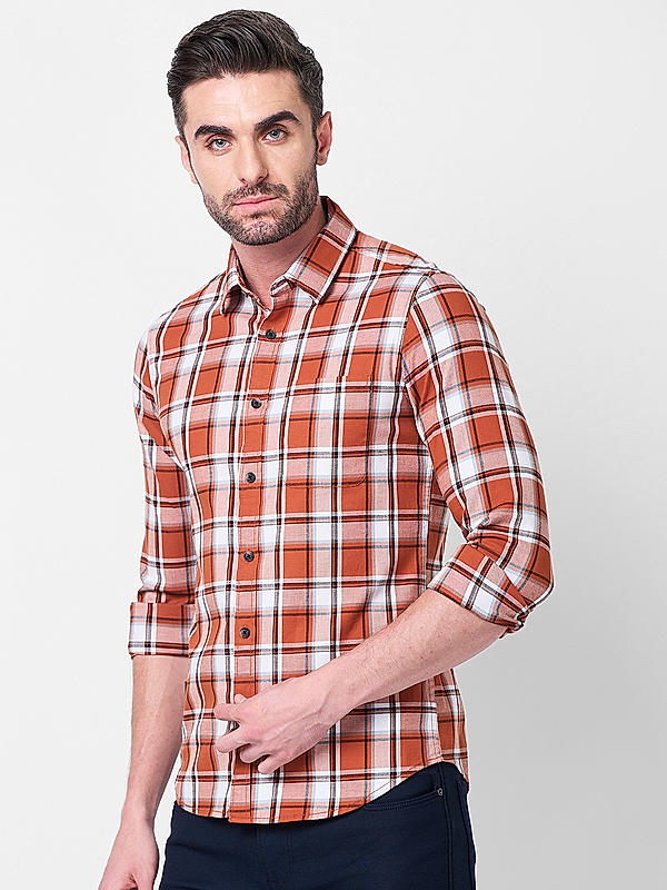 Killer Men Slim Fit Checks Brown Shirts