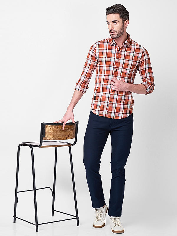 Killer Men Slim Fit Checks Brown Shirts