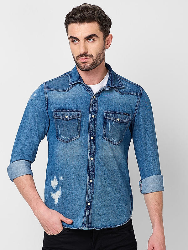 Killer Men Slim Fit Solid Blue Shirts