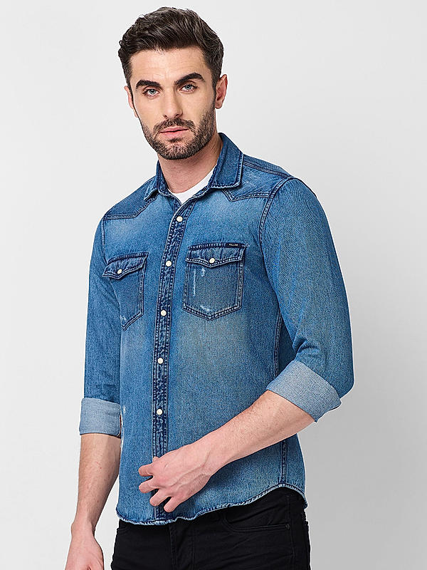 Killer Men Slim Fit Solid Blue Shirts