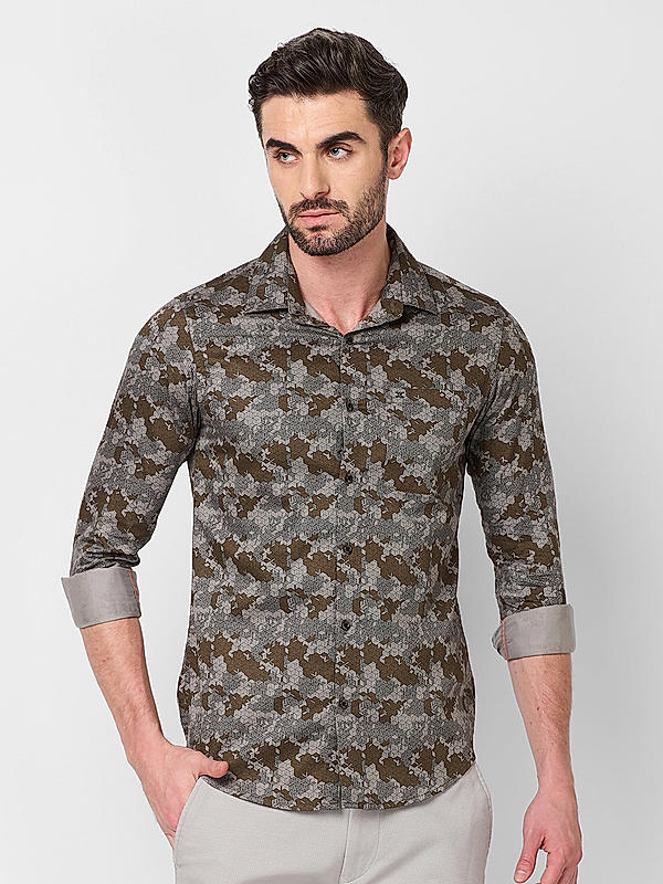 Killer Men Slim Fit Printed Dark Khaki Shirts