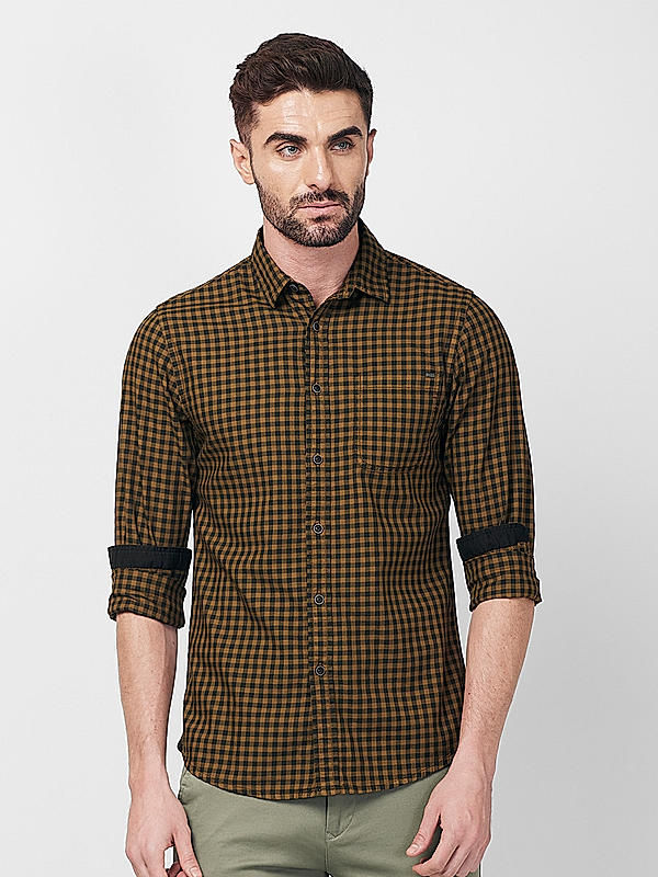 Killer Men Slim Fit Checks Yellow Shirts