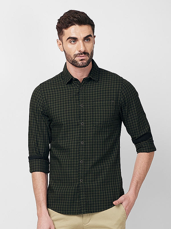 Killer Men Slim Fit Checks Dark Green Shirts