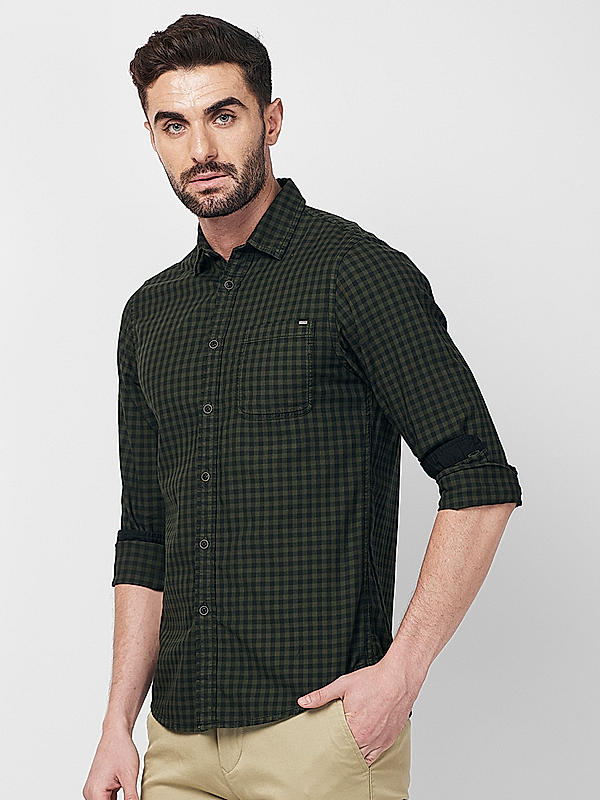 Killer Men Slim Fit Checks Dark Green Shirts