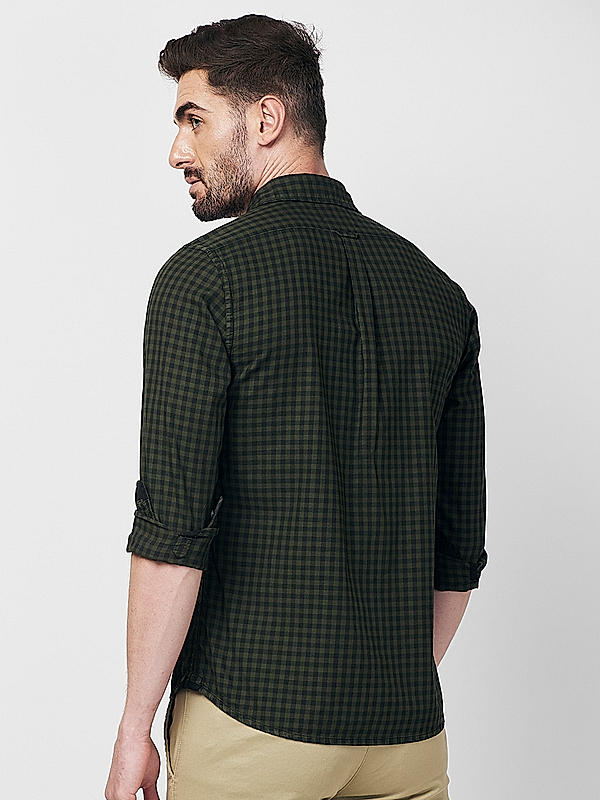 Killer Men Slim Fit Checks Dark Green Shirts