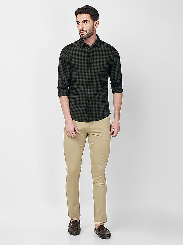 Killer Men Slim Fit Checks Dark Green Shirts