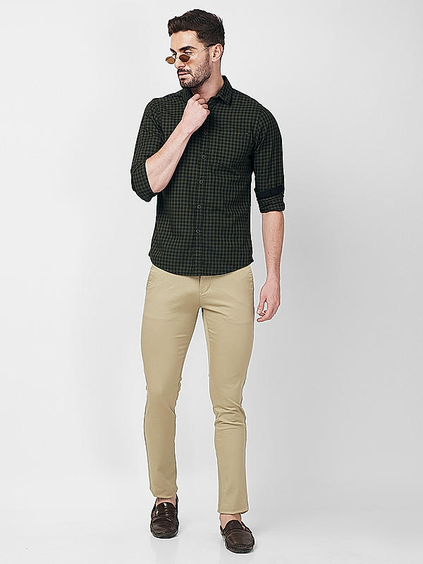 Killer Men Slim Fit Checks Dark Green Shirts