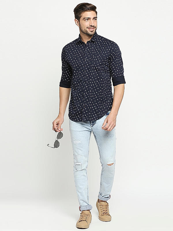 KILLER Men Navy Slim Fit Printed Shirts