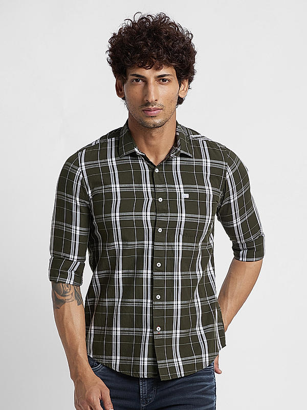 KILLER Men Olive Slim Fit Checks Shirts