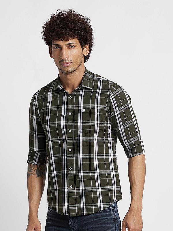 KILLER Men Olive Slim Fit Checks Shirts