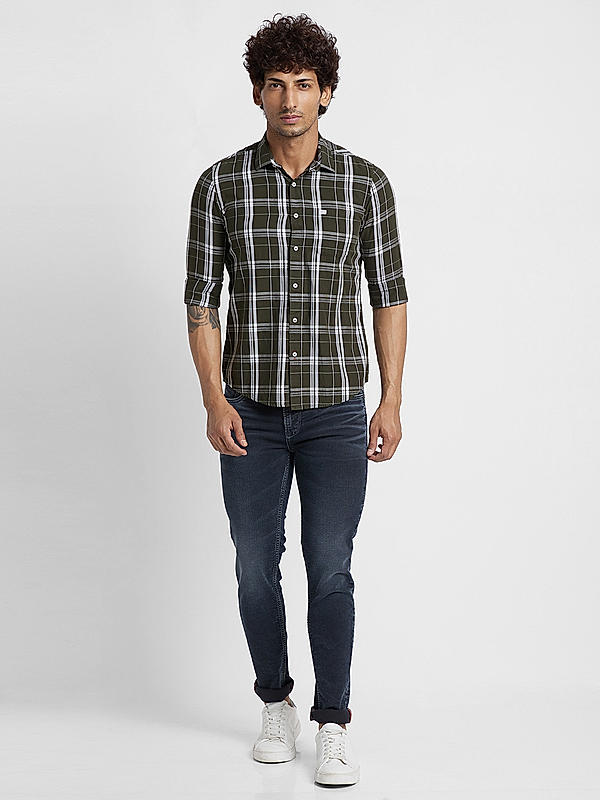 KILLER Men Olive Slim Fit Checks Shirts