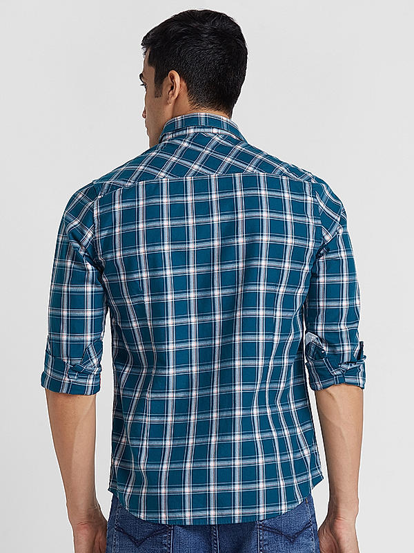 KILLER Men Teal Slim Fit Checks Shirts