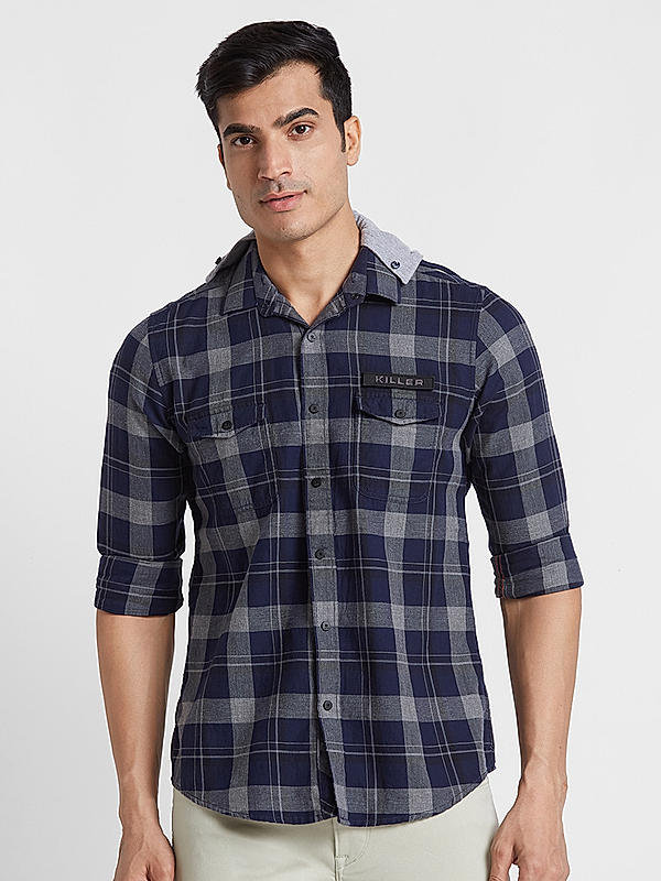 KILLER Men Navy Slim Fit Checks Shirts