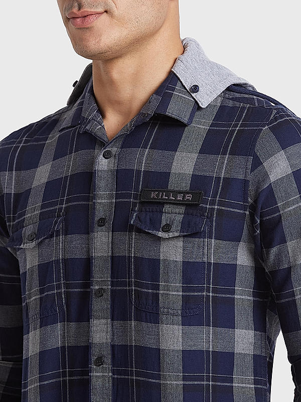 KILLER Men Navy Slim Fit Checks Shirts