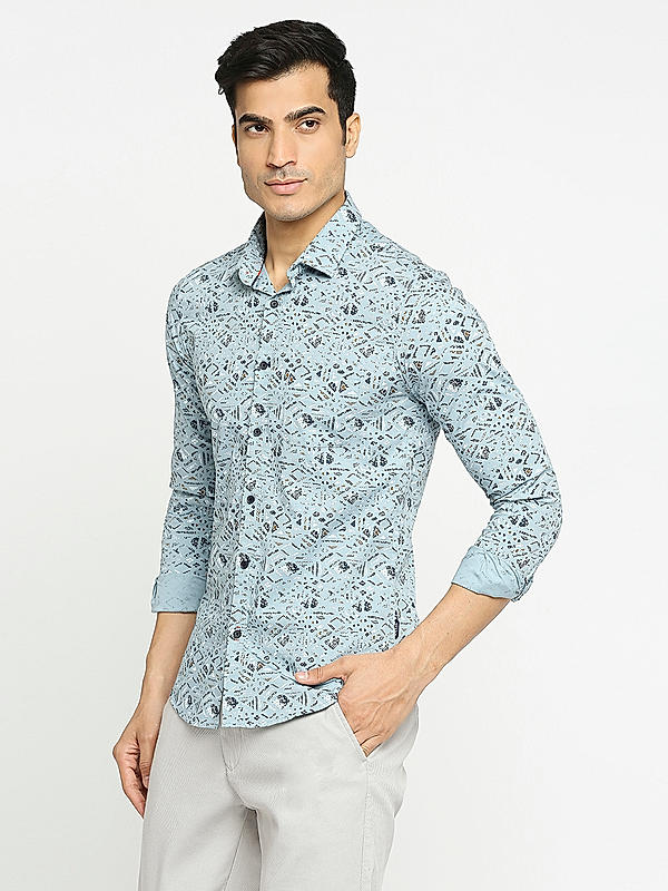 KILLER Men Sky Blue Slim Fit Printed Shirts