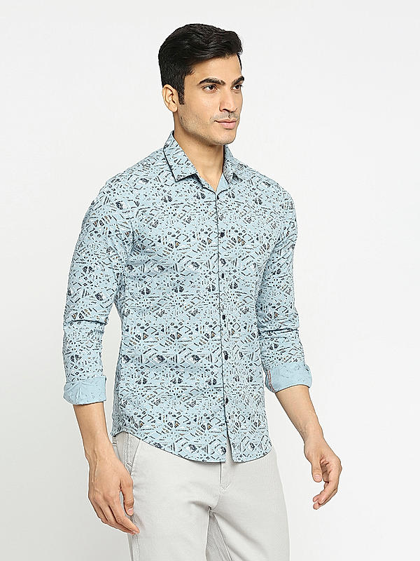 KILLER Men Sky Blue Slim Fit Printed Shirts