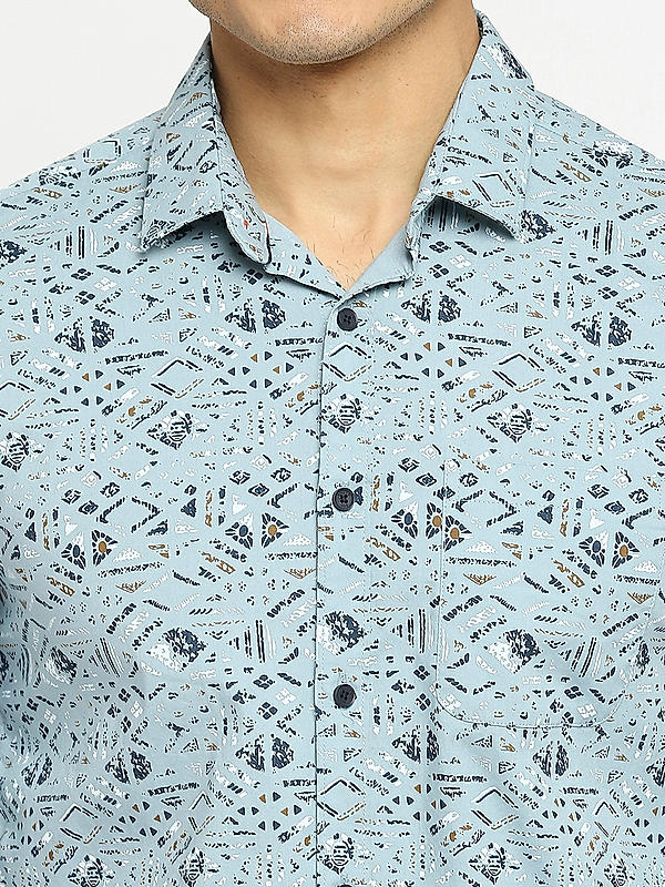 KILLER Men Sky Blue Slim Fit Printed Shirts