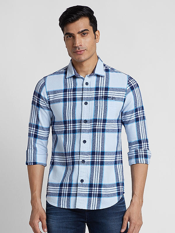 KILLER Men Sky Blue Slim Fit Checks Shirts