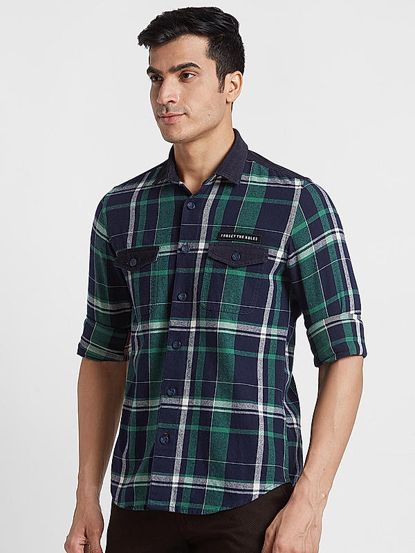 KILLER Men Navy Slim Fit Checks Shirts