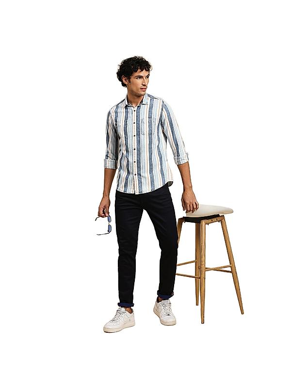 Killer Men Blue Slim Fit Stripe Shirts