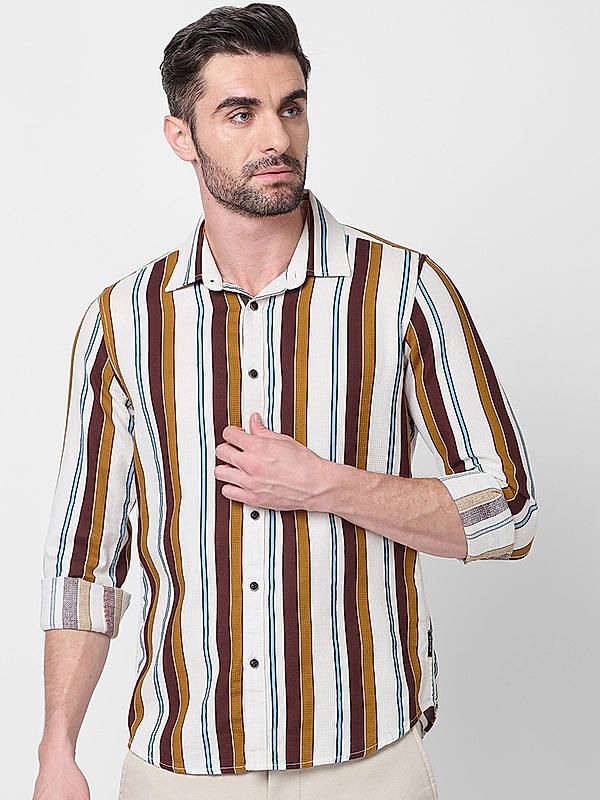 Killer Men Brown Slim Fit Stripe Shirts